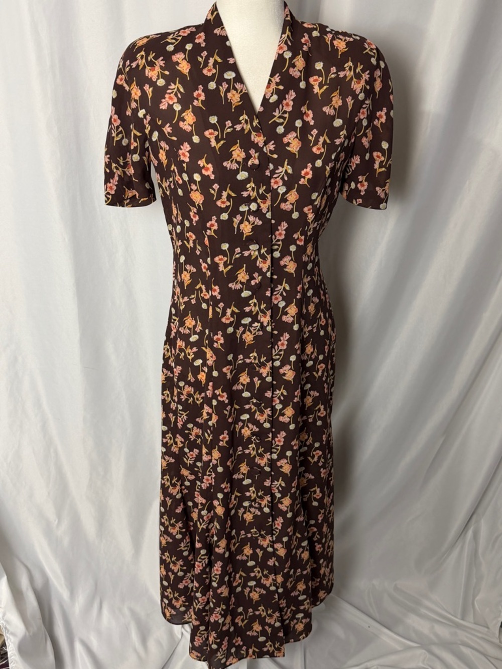 Vintage David Warren New York Brown Floral Midi Dress Cottagecore Sz 6